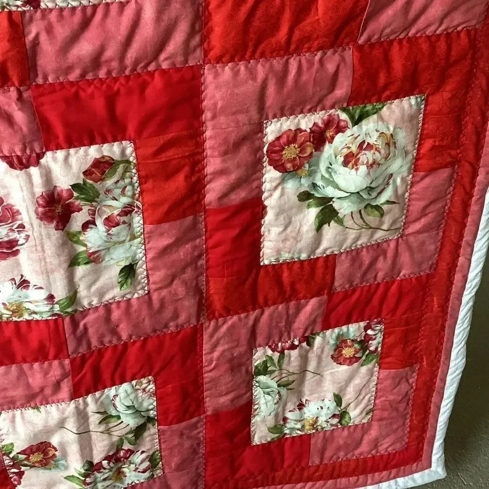 NWT. Floral Red and Pink Peonies Hand Crafted Quilt